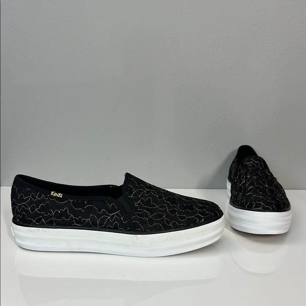 Keds Triple Decker Lace Celebrations Slip On Black And Gold Sneakers Size 8